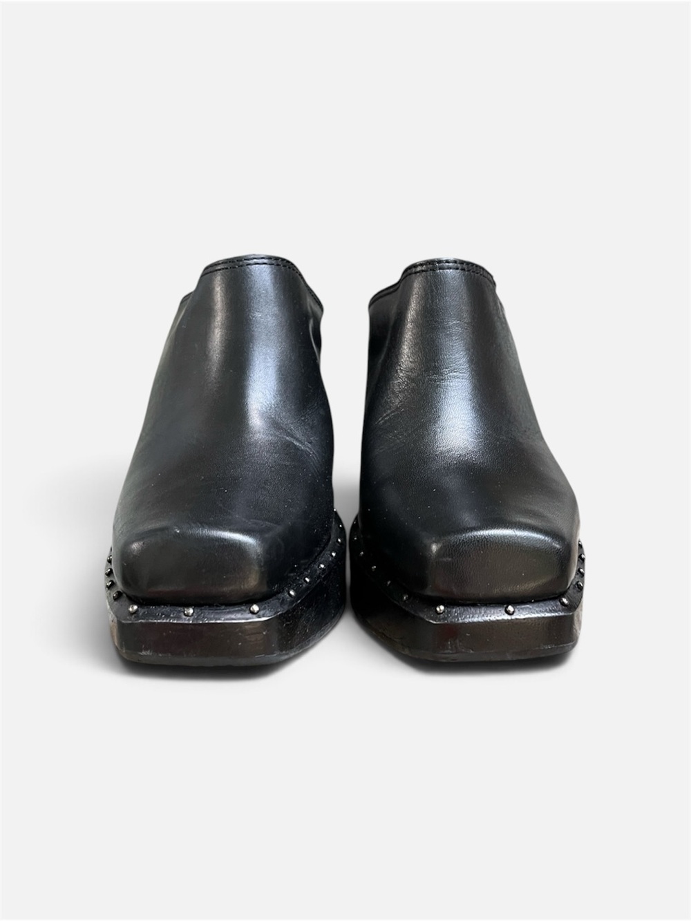 VINTAGE MIA Black Leather Square Toe Studded Wedge Clog/Mule - Size 8 - Picture 4 of 10
